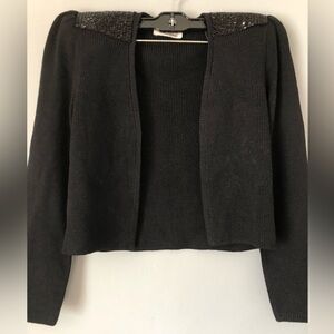 St John Women's Black puff sleeve beaded yoke cropped sweater